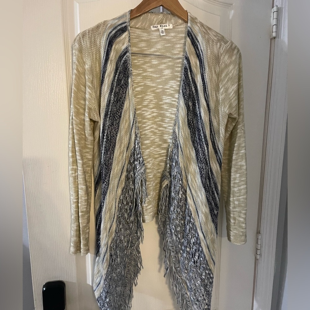 Say What? Beige and Navy Fringe Cardigan